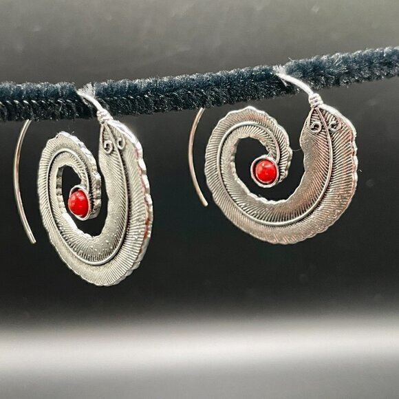 Large Silver Feather Spiral Earrings in Red or Turquoise Blue #630 - Picture 7 of 11